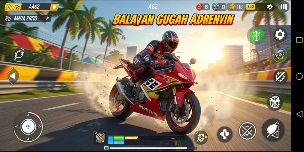 Screenshot gameplay AA62 menampilkan aksi balap motor yang mendebarkan.