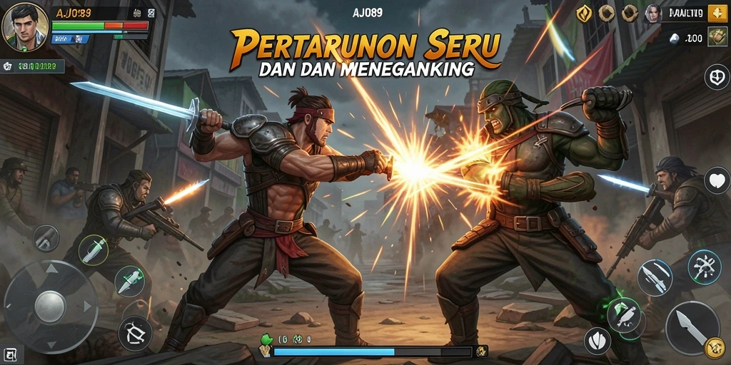 Tangkapan layar utama AJO89 menampilkan pertarungan karakter yang dinamis dan penuh aksi.