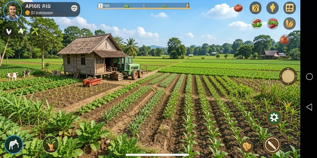 Tampilan gameplay API66 yang menampilkan ladang pertanian yang hijau dan subur.