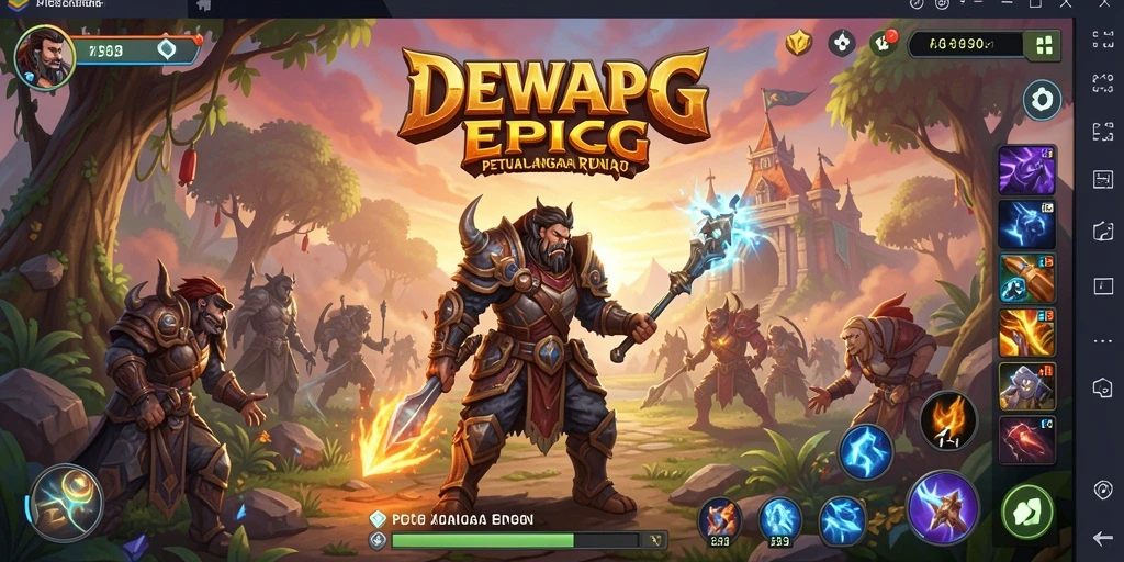 Tampilan utama gameplay DEWAPG dengan karakter bertempur di dunia fantasi.
